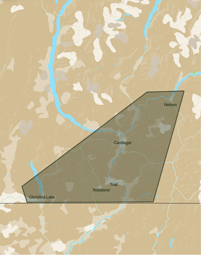 Map of service area in the West Kootenays, British Columbia